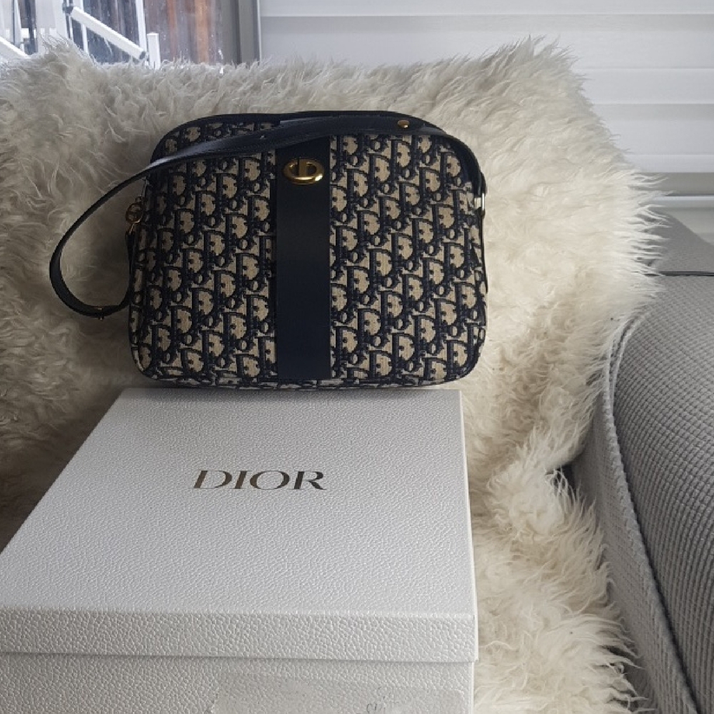 Auth Christian Dior CD Logo Trotter Canvas Leather Navy Shoulder Bag Wt Box